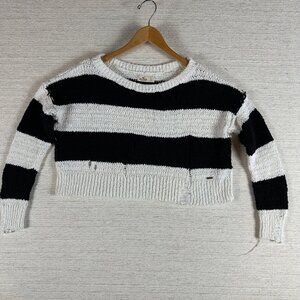 Hollister Women Small Black White Striped Distressed Knit Cropped Sweater Grunge